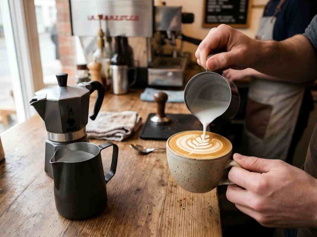 make latte art with Moka Pot + Frothing Pitcher Combo